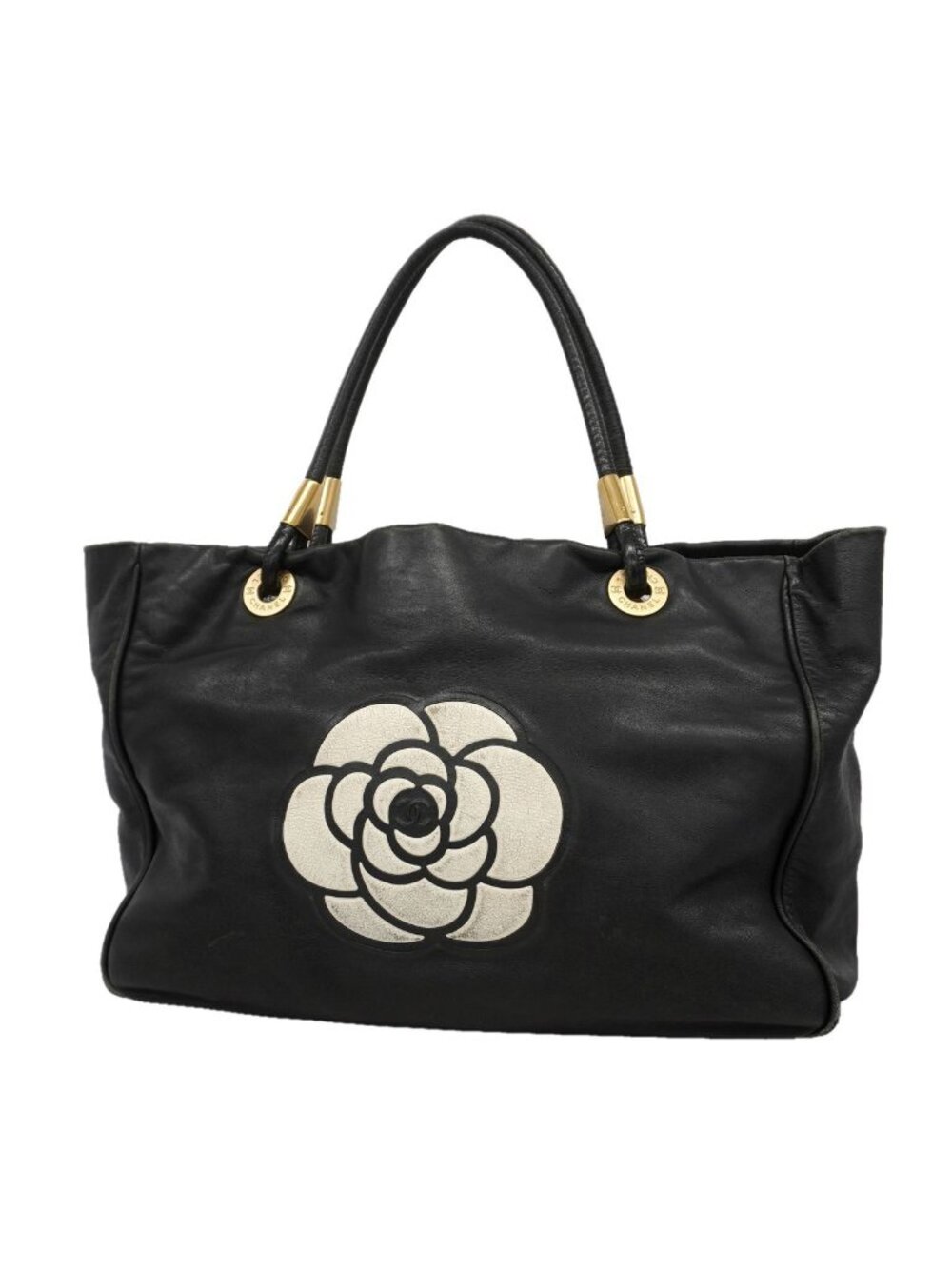 Chanel Tote Bag Camellia Lambskin Black Champagne Gold